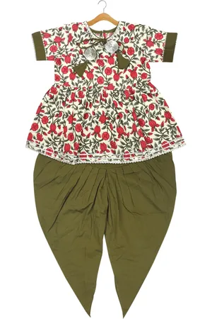 LIL PITAARA Girls Green Ethnic Motifs Printed Pure Cotton Kurti with Dhoti Pants