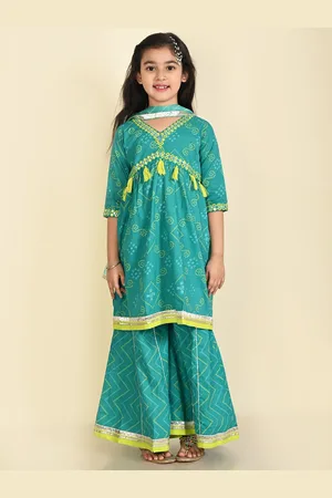 LIL PITAARA Girls Bandhani Printed Pure Cotton A-Line Kurta with Sharara & Dupatta