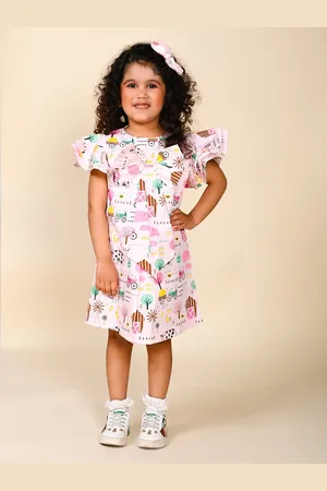 LIL PITAARA Girls flutter Sleeve Conversational Printed Pure Cotton A-Line Dress