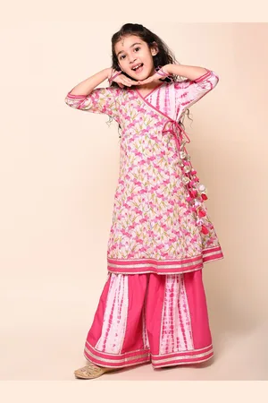 LIL PITAARA Girls Floral Printed Gotta Patti Pure Cotton Angrakha Kurti with Sharara