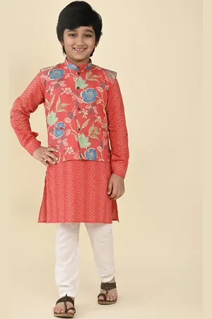 LIL PITAARA Boys Floral Printed Regular Pure Cotton Kurta with Pyjamas With Nehru Jacket