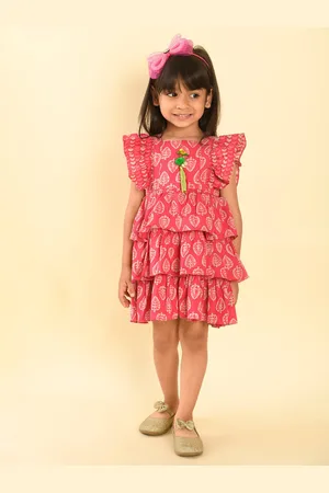 LIL PITAARA Girls Floral Printed Layered Cotton Fit & Flare Dress