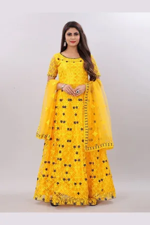 APNISHA Women Yellow Floral Embroidered Floral Semi-Stitched Kurta With Dupatta