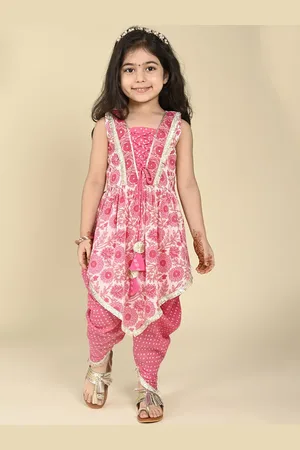 LIL PITAARA Girls Floral Printed Pure Cotton High-Low A-Line Kurta with Dhoti Pants