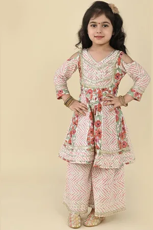 LIL PITAARA Girls Floral Printed Pleated Gotta Patti Pure Cotton Kurti with Sharara