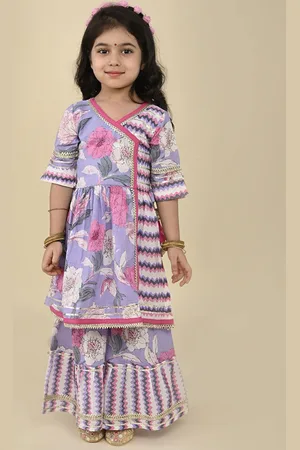 LIL PITAARA Girls Printed Angrakha Gotta Patti Pure Cotton A-Line Kurti with Sharara