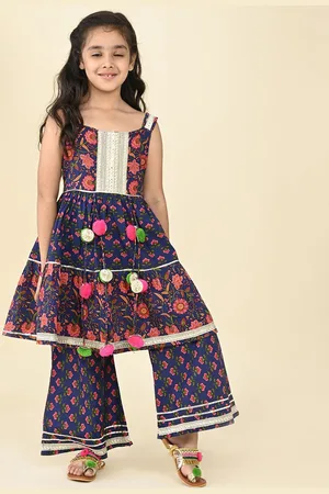 LIL PITAARA Girls Floral Printed Gotta Patti Pure Cotton A-Line Kurta With Sharara