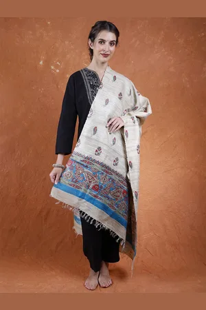 Exotic India Warm Sand Hand-Painted Fishes Khadi Silk Madhubani Dupatta