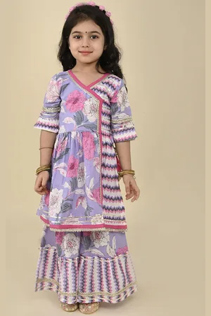 LIL PITAARA Girls Floral Printed Angrakha Gotta Patti Pure Cotton Kurti with Sharara