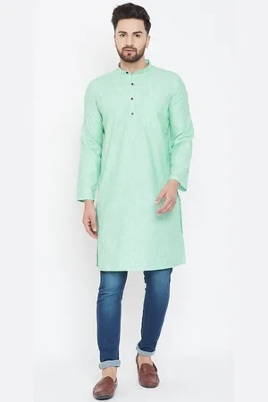 Even Men Green Solid Linen Straight Kurta