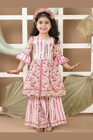 LIL PITAARA Girls Floral Printed Bell Sleeves Pure Cotton A-Line Kurta with Sharara