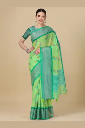 FLOURIOUS Floral Printed Zari Pure Linen Banarasi Saree