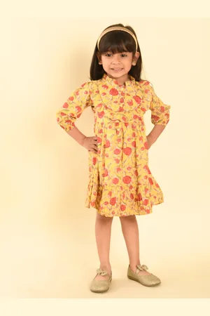 LIL PITAARA Girls Floral Printed Ruffled Cotton A-Line Dress