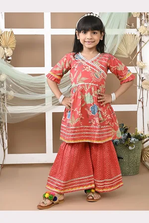 LIL PITAARA Girls Floral Printed V-Neck Gotta Patti Pure Cotton Kurta with Sharara