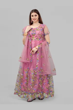 APNISHA Peach-Coloured Floral Embroidered Net Ethnic Maxi Dress With Dupatta