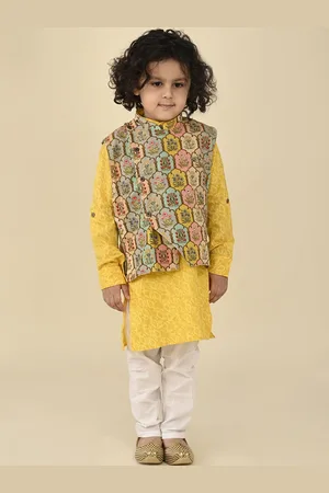 LIL PITAARA Boys Floral Printed Regular Pure Cotton Kurta with Pyjamas With Nehru Jacket