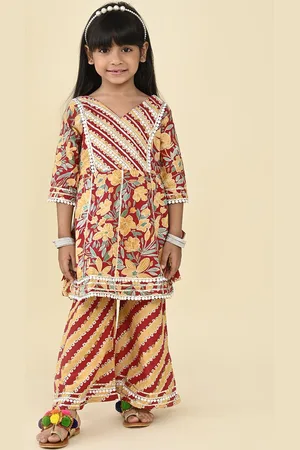 LIL PITAARA Girls Floral Printed Gotta Patti Pure Cotton A-Line Kurta With Palazzos