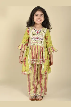 LIL PITAARA Girls Floral Printed Bell Sleeves Pure Cotton Anarkali Kurta with Trousers