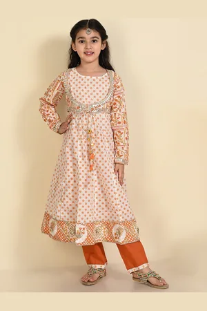 LIL PITAARA Girls Ethnic Motifs Printed Embridered Empire Pure Cotton Kurta with Trousers