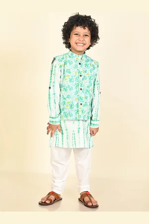 LIL PITAARA Boys Floral Printed Regular Pure Cotton Kurta With Pyjamas & Nehru Jacket