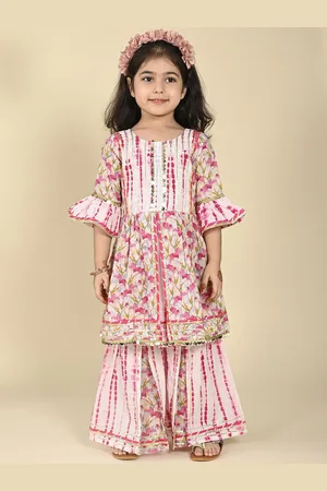 LIL PITAARA Girls Floral Printed Bell Sleeves Pure Cotton A-Line Kurta with Sharara