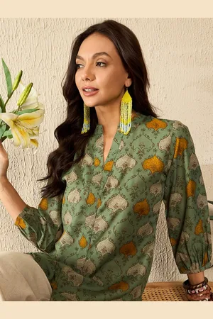 Kalini Women Ethnic Printed Mandarin Collar Cuffed Sleeves Top