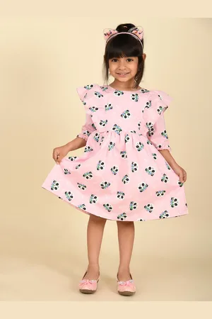 LIL PITAARA Girls Boat Neck Conversational Printed Ruffles Cotton Fit & Flare Dress