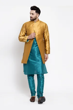 Kaifoo Men Green Layered Kurta with Churidar & With Jacket