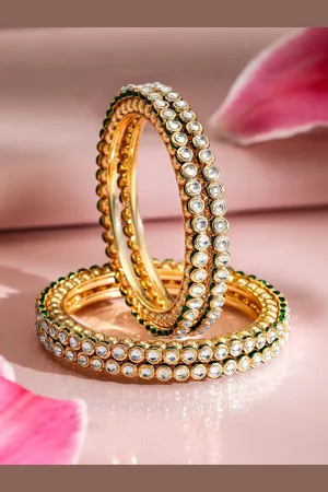 Rubans Set of 4, 22K Gold-Plated Kundan Studded Handcrafted Bangles with Green Borders