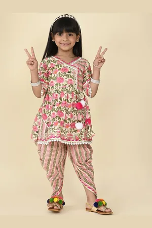 LIL PITAARA Girls Floral Printed Gotta Patti Pure Cotton Straight Kurti With Dhoti Pants