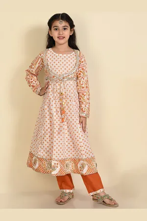 LIL PITAARA Girls Floral Printed Gotta Patti Pure Cotton Kurta with Trousers
