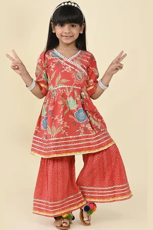 LIL PITAARA Girls Floral Printed V-Neck Angrakha Gotta Patti Pure Cotton Kurta & Sharara