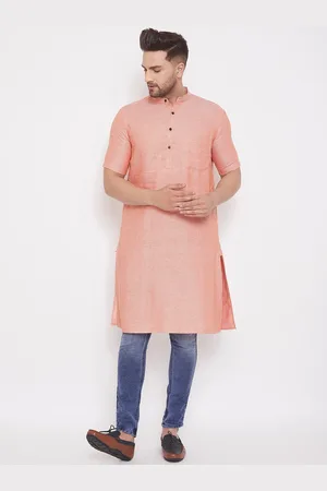 Even Men Orange Woven Design Straight Kurta