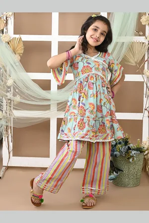 LIL PITAARA Girls Floral Printed Pleated Gotta Patti Pure Cotton Kurti with Palazzos