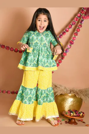 LIL PITAARA Girls Green Floral Printed Angrakha Gotta Patti Pure Cotton Kurti with Sharara