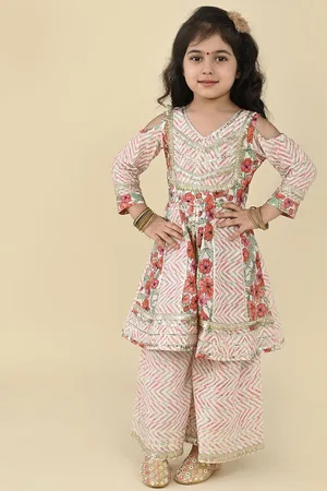 LIL PITAARA Girls Floral Printed Empire Gotta Patti Pure Cotton Anarkali Kurti & Sharara
