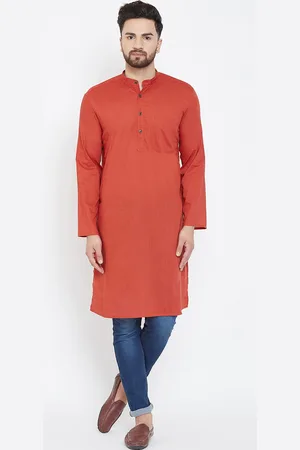 Even Men Orange Solid Straight Kurta