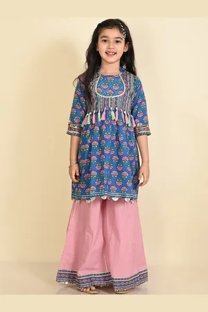LIL PITAARA Girls Ethnic Motifs Printed Empire Gotta Patti Pure Cotton Kurti with Palazzos