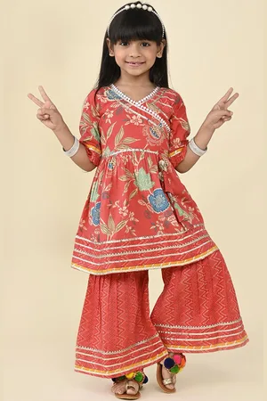 LIL PITAARA Girls Floral Printed Gotta Patti Pure Cotton Anarkali Kurti With Palazzos