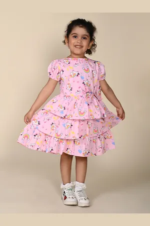 LIL PITAARA Girls Round Neck Conversational Printed Layered Cotton Fit & Flare Dress