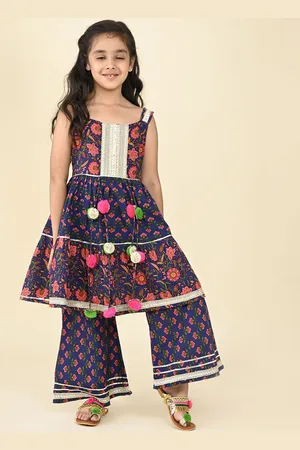 LIL PITAARA Girls Floral Printed Thread Work Pure Cotton Kurti with Palazzos