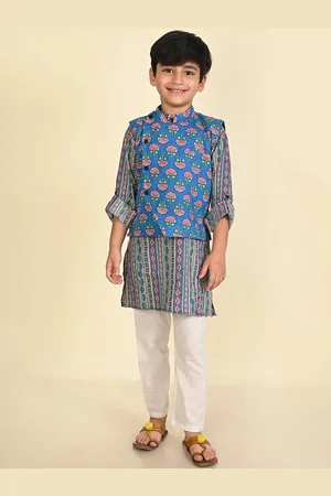 LIL PITAARA Boys Ethnic Motifs Printed Pure Cotton Kurta & Pyjamas With Nehru Jacket