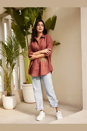 Ambraee Embroidered Long Roll Up Sleeves Linen Shirt Style Top