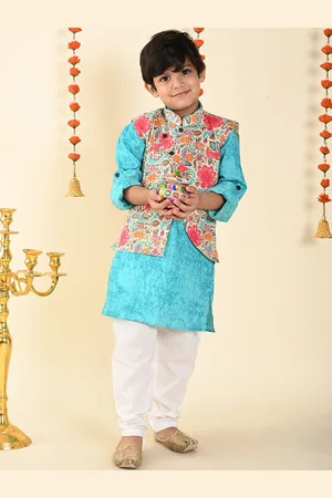 LIL PITAARA Boys Floral Printed Regular Pure Cotton Kurta With Pyjamas & Nehru Jacket