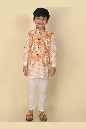 LIL PITAARA Boys Floral Printed Pure Cotton Kurta & Pyjamas With Nehru Jacket