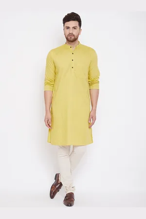 Even Men Yellow Checked A-Line Kurta