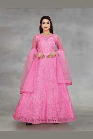 APNISHA Pink Floral Embroidered Net Maxi Maxi Dress With Dupatta