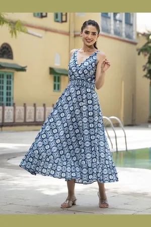 BAESD Women V-Neck Cotton Floral Printed A-Line Midi Dress