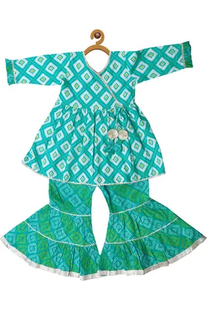 LIL PITAARA Girls Turquoise Blue & White Printed Angrakha Pure Cotton Kurti With Sharara