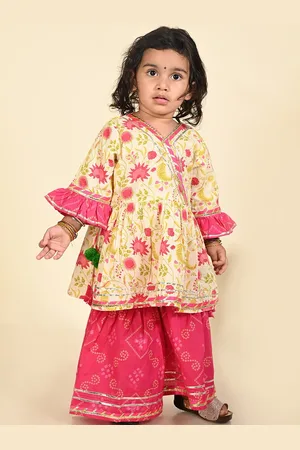 LIL PITAARA Girls Floral Printed Empire Gotta Patti Pure Cotton Kurta With Sharara